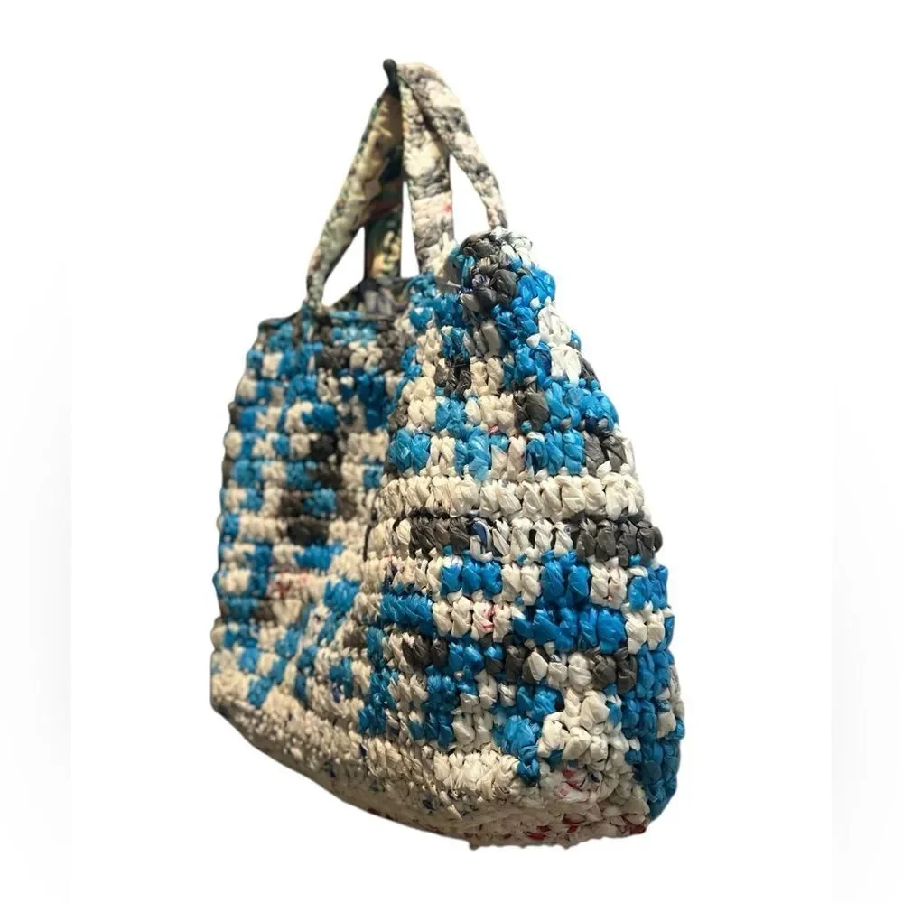 Handmade Crochet Recycled Plastic Bag Tote Blue Gray Eco-Friendly Market Bag